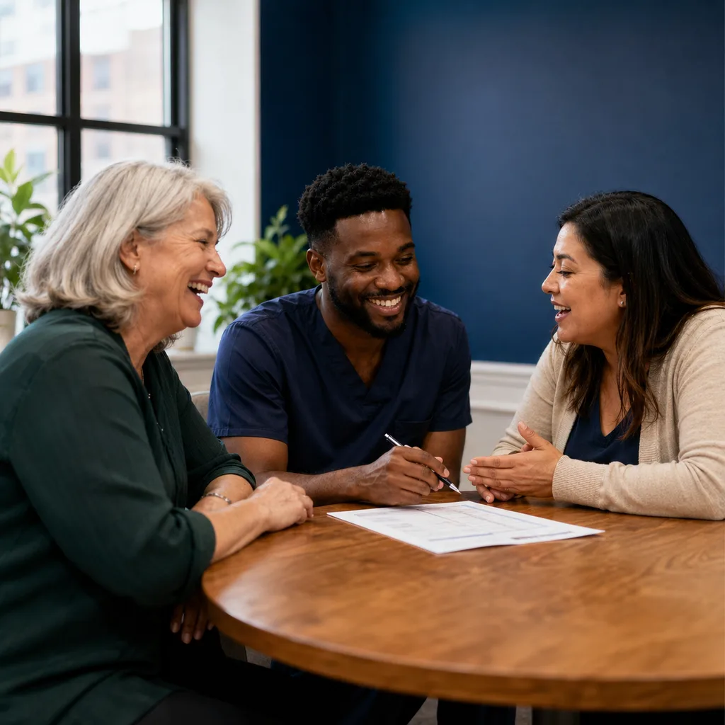 Three JoyBridgeCare team members collaborating around a table in a bright office
