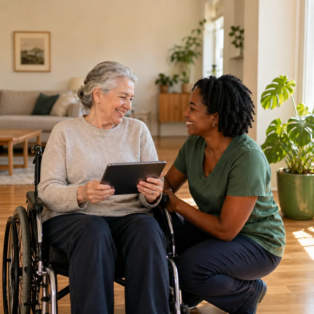Caregiver kneeling beside a client in a wheelchair, helping with a tablet at home