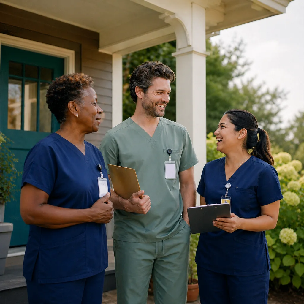 Diverse trio of JoyBridgeCare caregivers in scrubs on the porch of a craftsman home