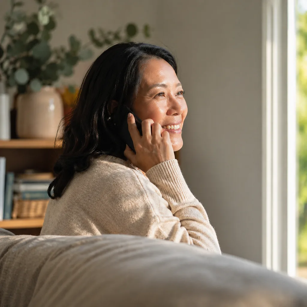 Person on a phone call at home, smiling warmly while looking out a sunlit window