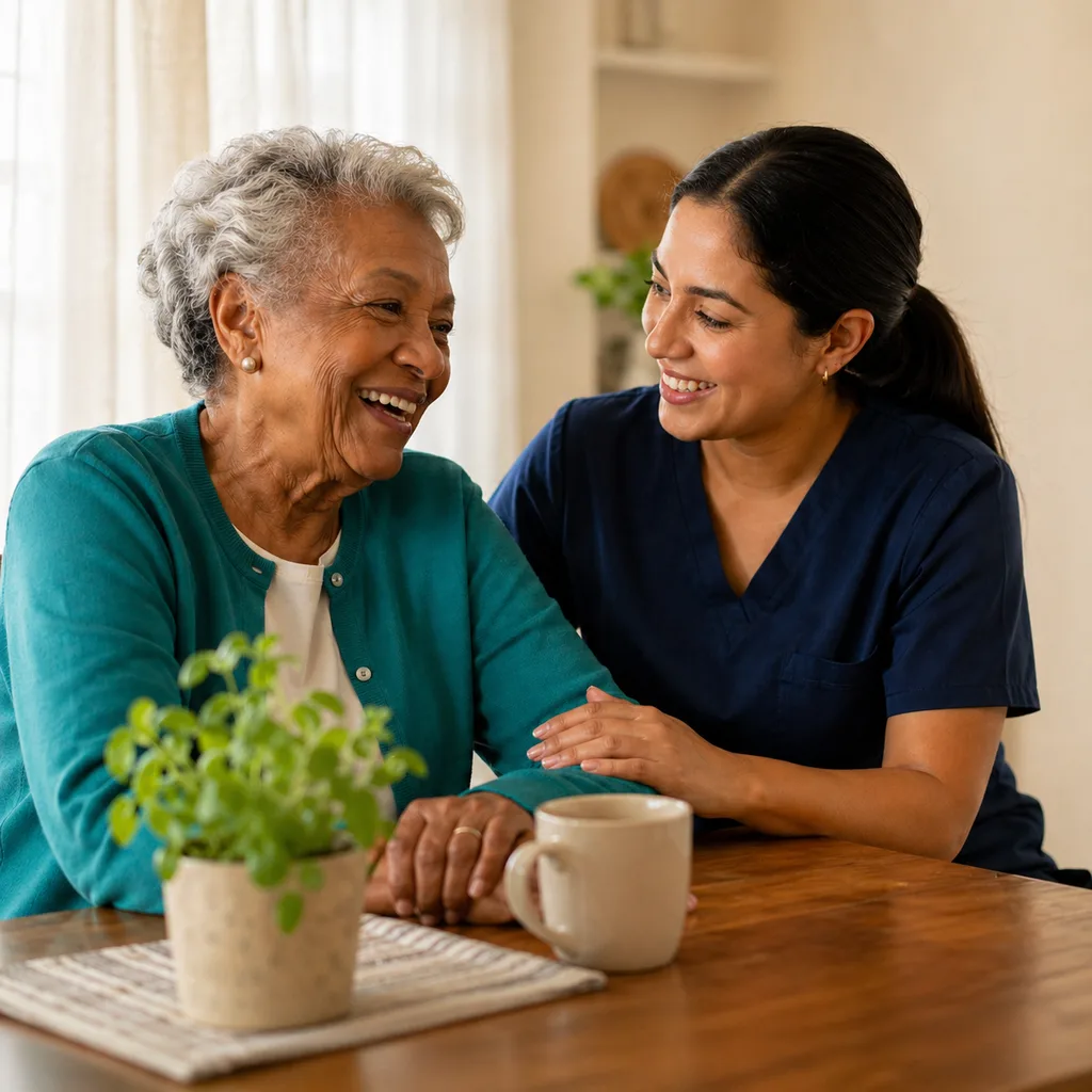 Caregiver sharing a warm moment with an elderly client at her sunlit kitchen table