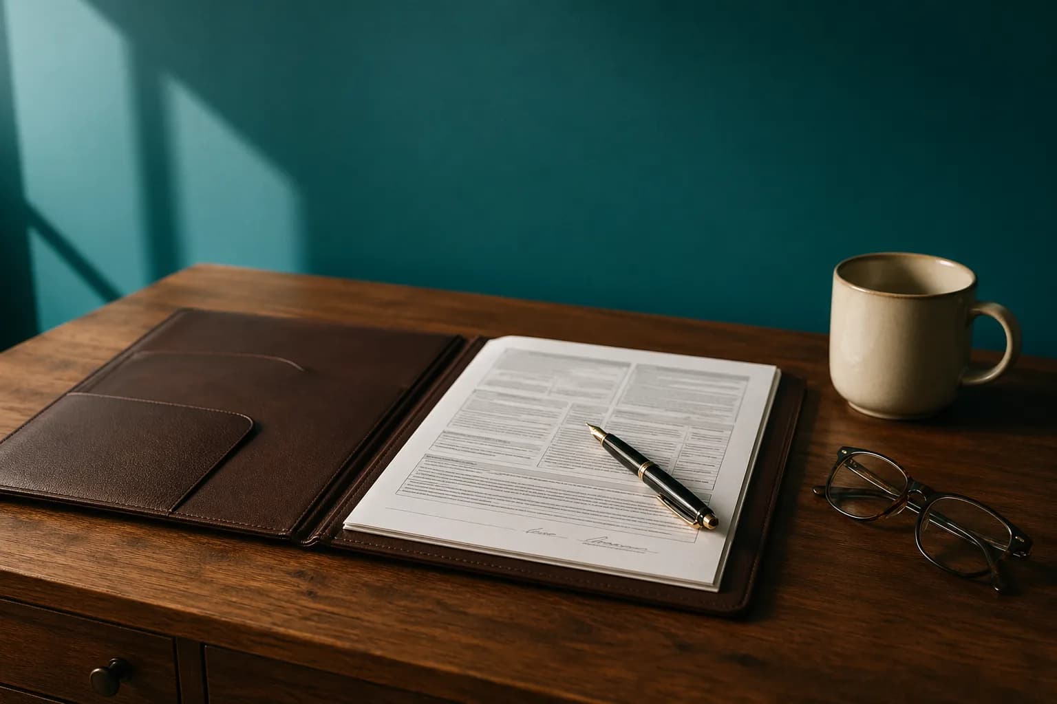 Open leather portfolio with a fountain pen, reading glasses, and a cream mug on a warm-oak desk